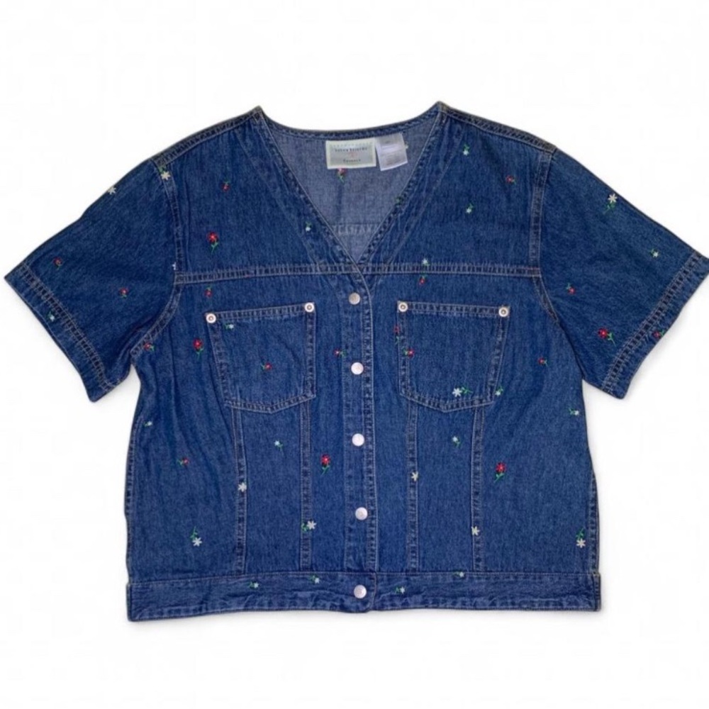 Susan Bristol Denim Snap Button-Up Shirt with Floral Embroidery